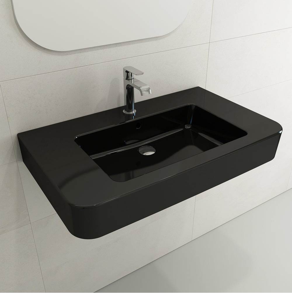 BOCCHI - Parma Wall-Mounted Sink Fireclay 33.5 in. 1-Hole with Overflow in Black - Black