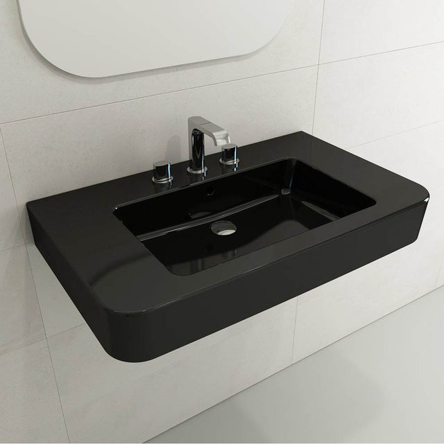 BOCCHI - Parma Wall-Mounted Sink Fireclay 33.5 in. 3-Hole with Overflow in Black - Black