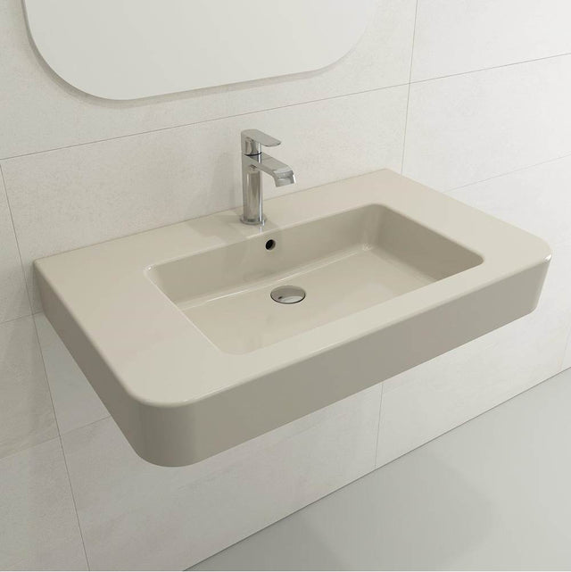 BOCCHI - Parma Wall-Mounted Sink Fireclay 33.5 in. 1-Hole with Overflow in Biscuit - Biscuit