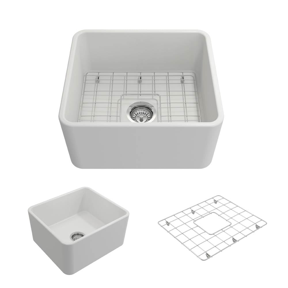 BOCCHI - Classico Farmhouse Apron Front Fireclay 20 in. Single Bowl Kitchen Sink with Protective Bottom Grid and Strainer in Matte White - Matte White