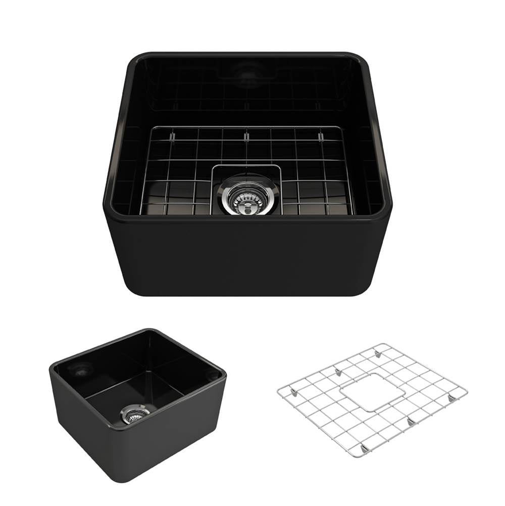 BOCCHI - Classico Farmhouse Apron Front Fireclay 20 in. Single Bowl Kitchen Sink with Protective Bottom Grid and Strainer in Black - Black