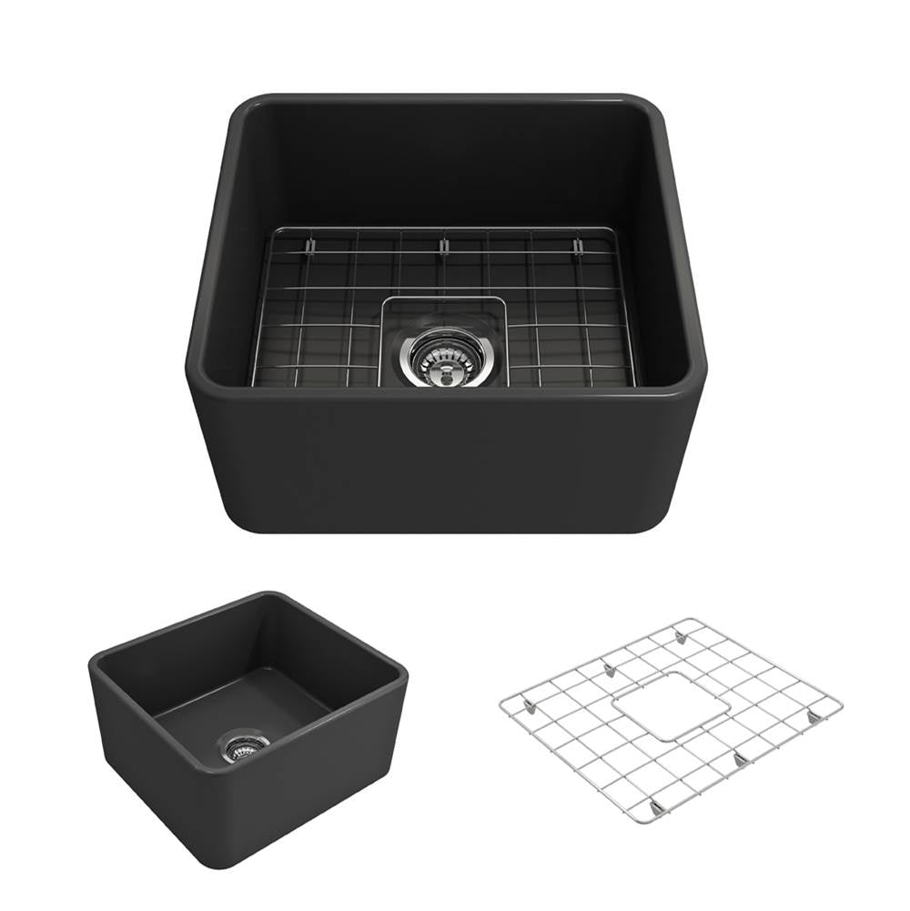 BOCCHI - Classico Farmhouse Apron Front Fireclay 20 in. Single Bowl Kitchen Sink with Protective Bottom Grid and Strainer in Matte Dark Gray - Matte Dark Gray