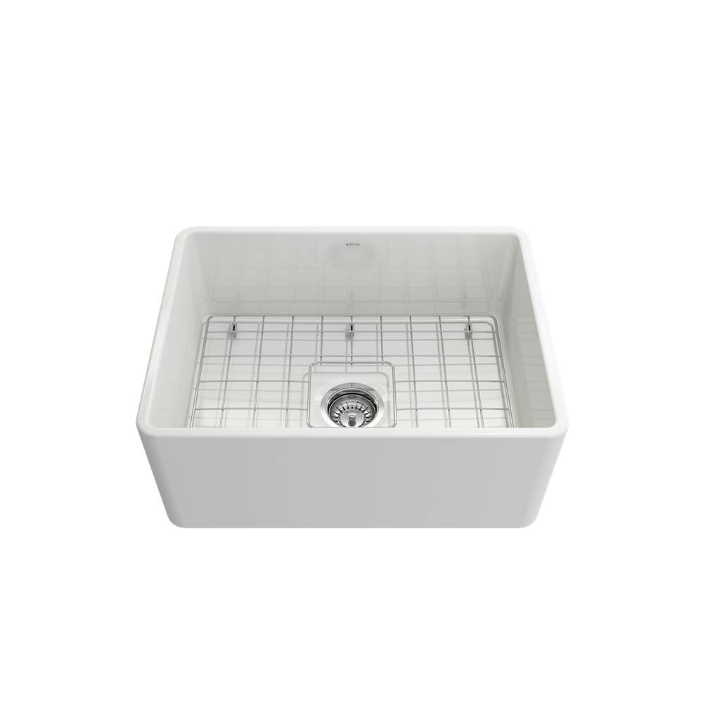 Classico Farmhouse Apron Front Fireclay 24 in. Single Bowl Kitchen Sink with Protective Bottom Grid and Strainer in White