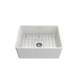 Classico Farmhouse Apron Front Fireclay 24 in. Single Bowl Kitchen Sink with Protective Bottom Grid and Strainer in White