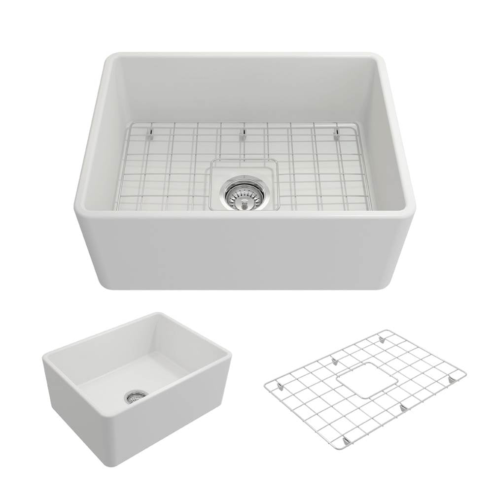 BOCCHI - Classico Farmhouse Apron Front Fireclay 24 in. Single Bowl Kitchen Sink with Protective Bottom Grid and Strainer in Matte White - Matte White