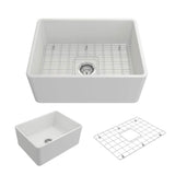 BOCCHI - Classico Farmhouse Apron Front Fireclay 24 in. Single Bowl Kitchen Sink with Protective Bottom Grid and Strainer in Matte White - Matte White