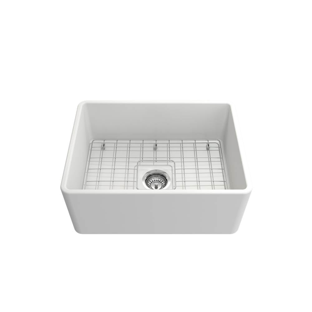 Classico Farmhouse Apron Front Fireclay 24 in. Single Bowl Kitchen Sink with Protective Bottom Grid and Strainer in White