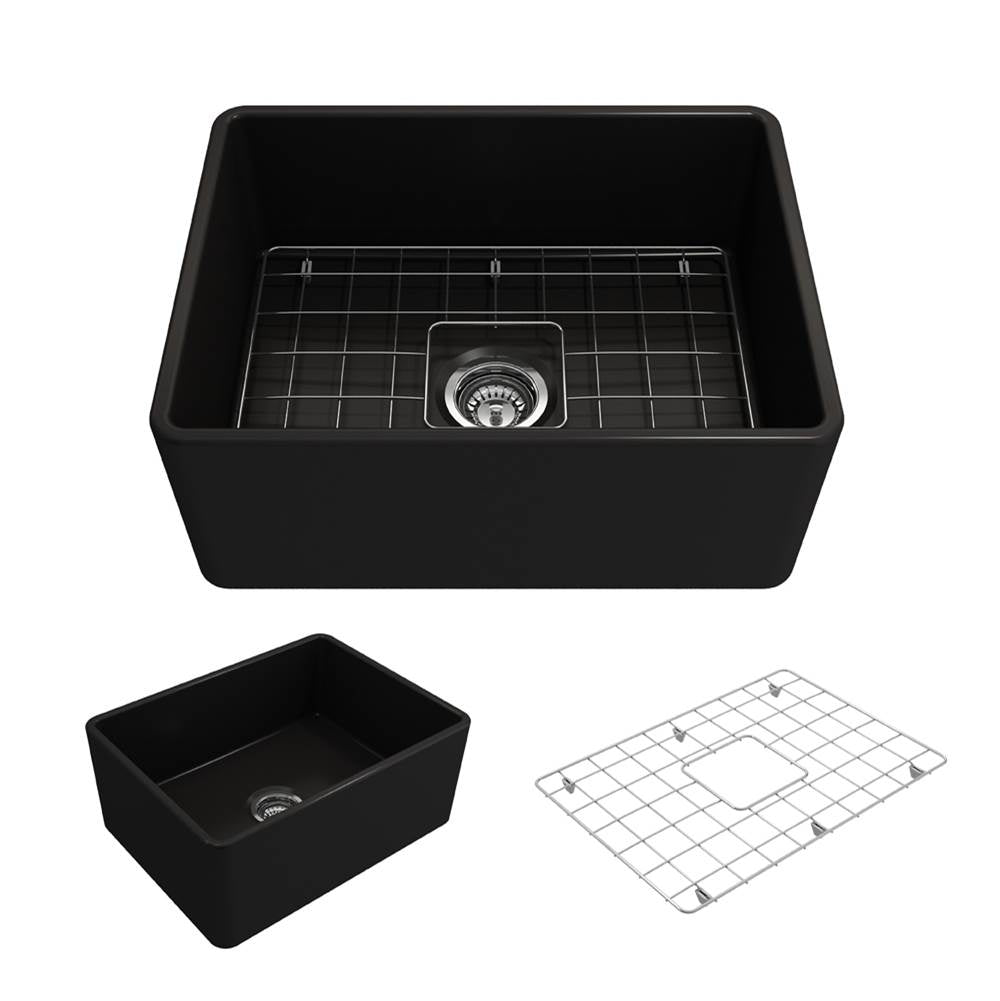 BOCCHI - Classico Farmhouse Apron Front Fireclay 24 in. Single Bowl Kitchen Sink with Protective Bottom Grid and Strainer in Matte Black - Matte Black