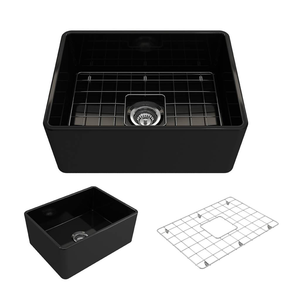BOCCHI - Classico Farmhouse Apron Front Fireclay 24 in. Single Bowl Kitchen Sink with Protective Bottom Grid and Strainer in Black - Black