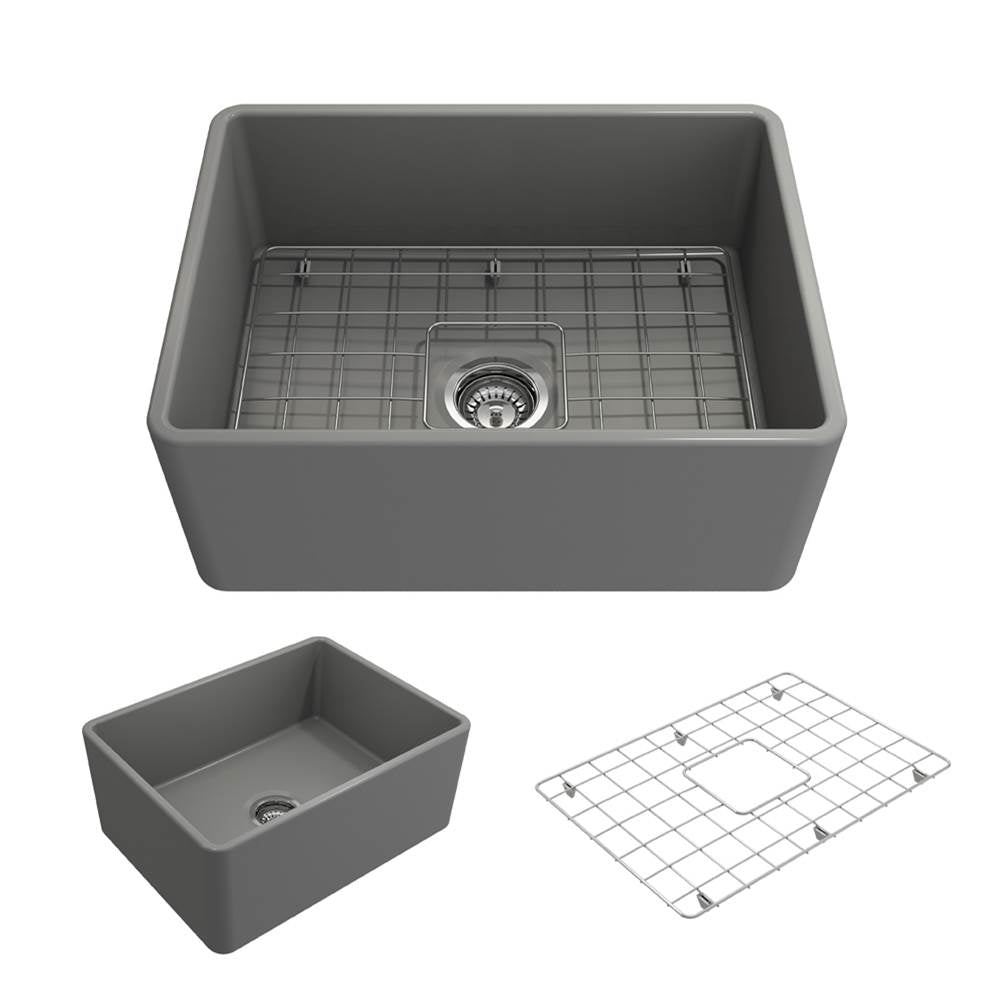 BOCCHI - Classico Farmhouse Apron Front Fireclay 24 in. Single Bowl Kitchen Sink with Protective Bottom Grid and Strainer in Matte Gray - Matte Gray