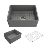 BOCCHI - Classico Farmhouse Apron Front Fireclay 24 in. Single Bowl Kitchen Sink with Protective Bottom Grid and Strainer in Matte Gray - Matte Gray
