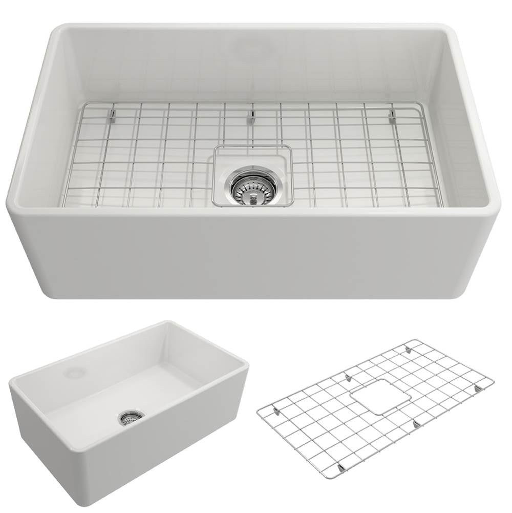 BOCCHI - Classico Farmhouse Apron Front Fireclay 30 in. Single Bowl Kitchen Sink with Protective Bottom Grid and Strainer in White - White