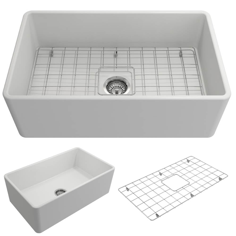 BOCCHI - Classico Farmhouse Apron Front Fireclay 30 in. Single Bowl Kitchen Sink with Protective Bottom Grid and Strainer in Matte White - Matte White
