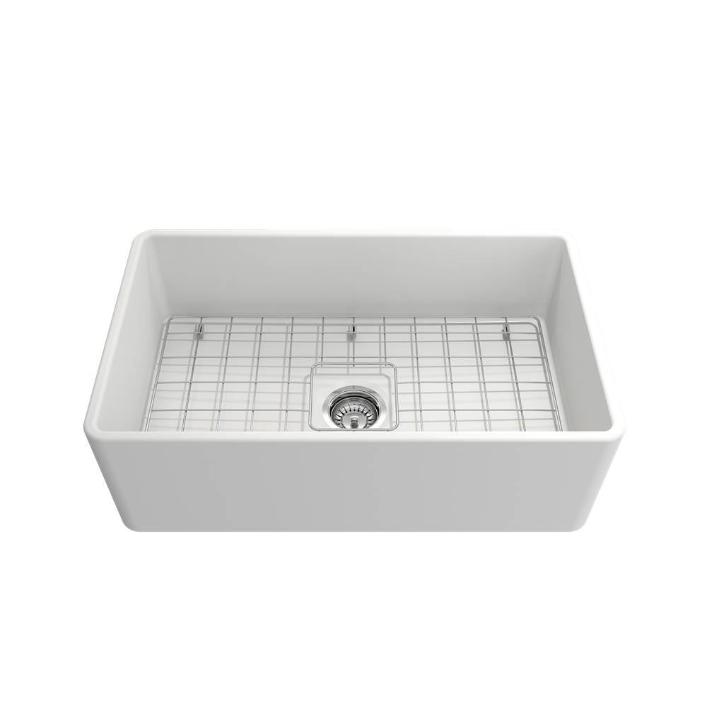 Classico Farmhouse Apron Front Fireclay 30 in. Single Bowl Kitchen Sink with Protective Bottom Grid and Strainer in White