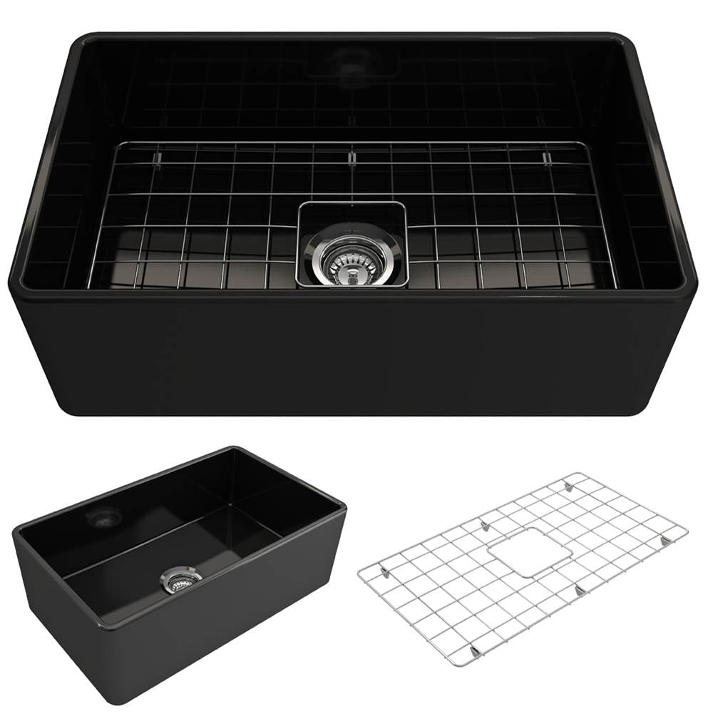 BOCCHI - Classico Farmhouse Apron Front Fireclay 30 in. Single Bowl Kitchen Sink with Protective Bottom Grid and Strainer in Black - Black