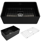 BOCCHI - Classico Farmhouse Apron Front Fireclay 30 in. Single Bowl Kitchen Sink with Protective Bottom Grid and Strainer in Black - Black