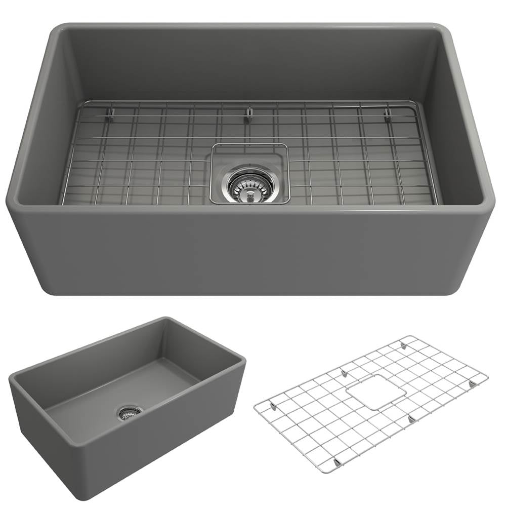 BOCCHI - Classico Farmhouse Apron Front Fireclay 30 in. Single Bowl Kitchen Sink with Protective Bottom Grid and Strainer in Matte Gray - Matte Gray