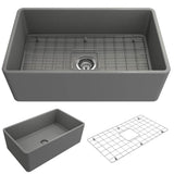 BOCCHI - Classico Farmhouse Apron Front Fireclay 30 in. Single Bowl Kitchen Sink with Protective Bottom Grid and Strainer in Matte Gray - Matte Gray