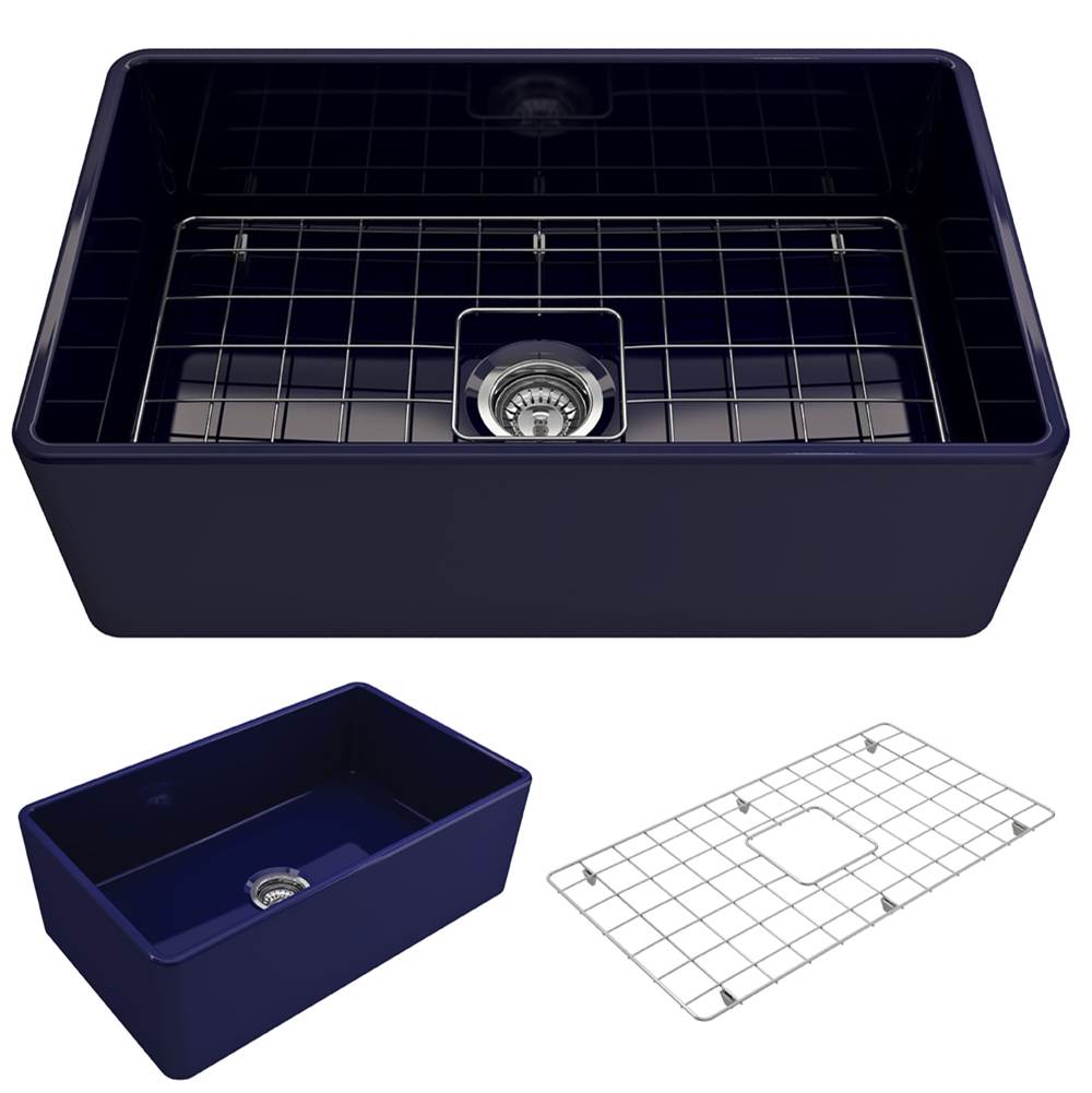 BOCCHI - Classico Farmhouse Apron Front Fireclay 30 in. Single Bowl Kitchen Sink with Protective Bottom Grid and Strainer in Sapphire Blue - Sapphire Blue
