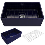 BOCCHI - Classico Farmhouse Apron Front Fireclay 30 in. Single Bowl Kitchen Sink with Protective Bottom Grid and Strainer in Sapphire Blue - Sapphire Blue