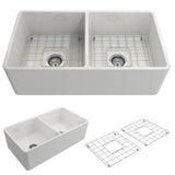 BOCCHI - Classico Farmhouse Apron Front Fireclay 33 in. Double Bowl Kitchen Sink with Protective Bottom Grids and Strainers in White - White