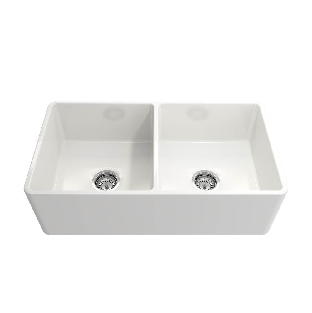 Classico Farmhouse Apron Front Fireclay 33 in. Double Bowl Kitchen Sink with Protective Bottom Grids and Strainers in White