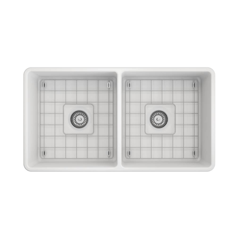 Classico Farmhouse Apron Front Fireclay 33 in. Double Bowl Kitchen Sink with Protective Bottom Grids and Strainers in White