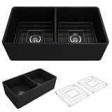 BOCCHI - Classico Farmhouse Apron Front Fireclay 33 in. Double Bowl Kitchen Sink with Protective Bottom Grids and Strainers in Matte Black - Matte Black