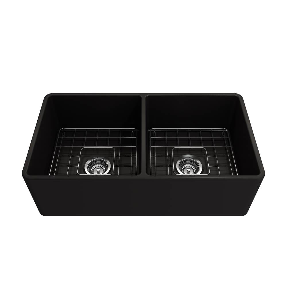 Classico Farmhouse Apron Front Fireclay 33 in. Double Bowl Kitchen Sink with Protective Bottom Grids and Strainers in White
