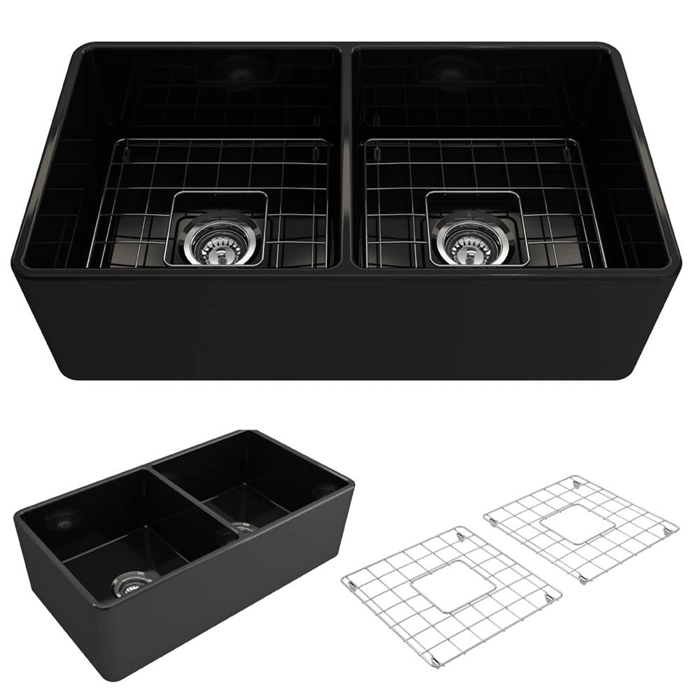BOCCHI - Classico Farmhouse Apron Front Fireclay 33 in. Double Bowl Kitchen Sink with Protective Bottom Grids and Strainers in Black - Black