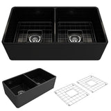 BOCCHI - Classico Farmhouse Apron Front Fireclay 33 in. Double Bowl Kitchen Sink with Protective Bottom Grids and Strainers in Black - Black