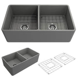 BOCCHI - Classico Farmhouse Apron Front Fireclay 33 in. Double Bowl Kitchen Sink with Protective Bottom Grids and Strainers in Matte Gray - Matte Gray