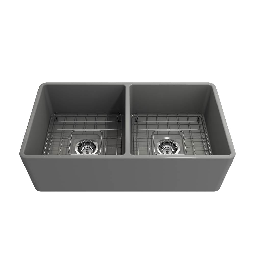 Classico Farmhouse Apron Front Fireclay 33 in. Double Bowl Kitchen Sink with Protective Bottom Grids and Strainers in White