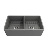 Classico Farmhouse Apron Front Fireclay 33 in. Double Bowl Kitchen Sink with Protective Bottom Grids and Strainers in White
