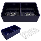 BOCCHI - Classico Farmhouse Apron Front Fireclay 33 in. Double Bowl Kitchen Sink with Protective Bottom Grids and Strainers in Sapphire Blue - Sapphire Blue