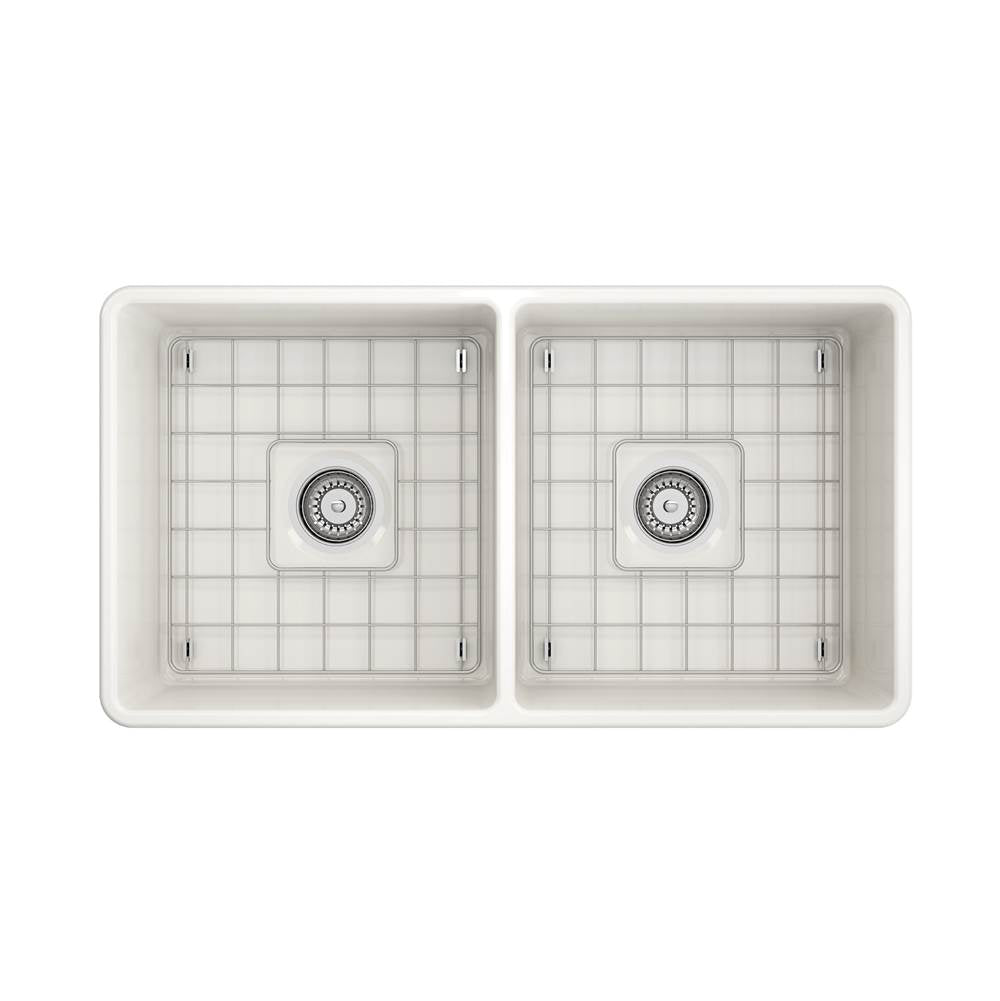 Classico Farmhouse Apron Front Fireclay 33 in. Double Bowl Kitchen Sink with Protective Bottom Grids and Strainers in White
