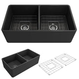BOCCHI - Classico Farmhouse Apron Front Fireclay 33 in. Double Bowl Kitchen Sink with Protective Bottom Grids and Strainers in Matte Dark Gray - Matte Dark Gray