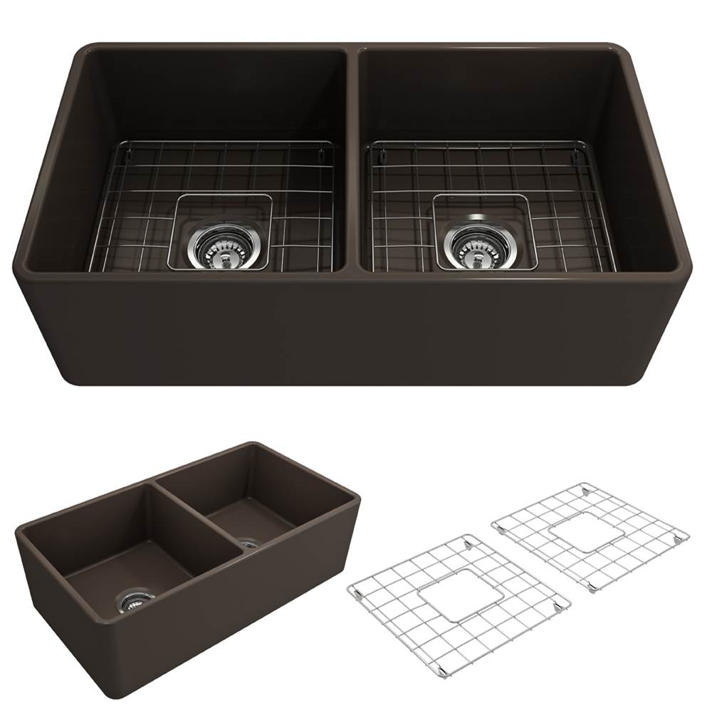 BOCCHI - Classico Farmhouse Apron Front Fireclay 33 in. Double Bowl Kitchen Sink with Protective Bottom Grids and Strainers in Matte Brown - Matte Brown