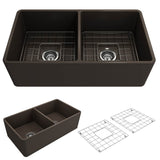 BOCCHI - Classico Farmhouse Apron Front Fireclay 33 in. Double Bowl Kitchen Sink with Protective Bottom Grids and Strainers in Matte Brown - Matte Brown