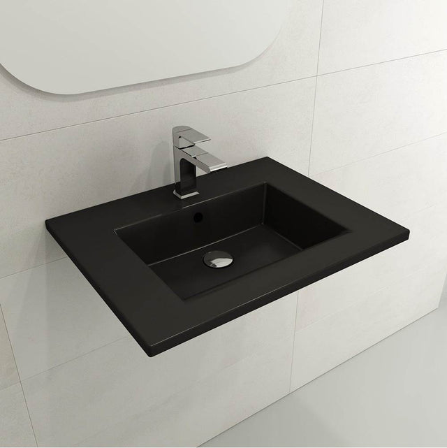 BOCCHI - Ravenna Wall-Mounted Sink Fireclay 24.5 in. 1-Hole with Overflow in Matte Black - Matte Black