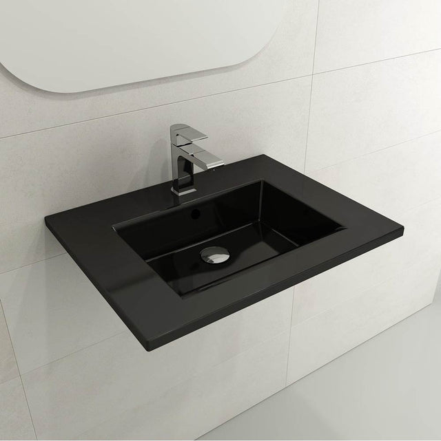 BOCCHI - Ravenna Wall-Mounted Sink Fireclay 24.5 in. 1-Hole with Overflow in Black - Black