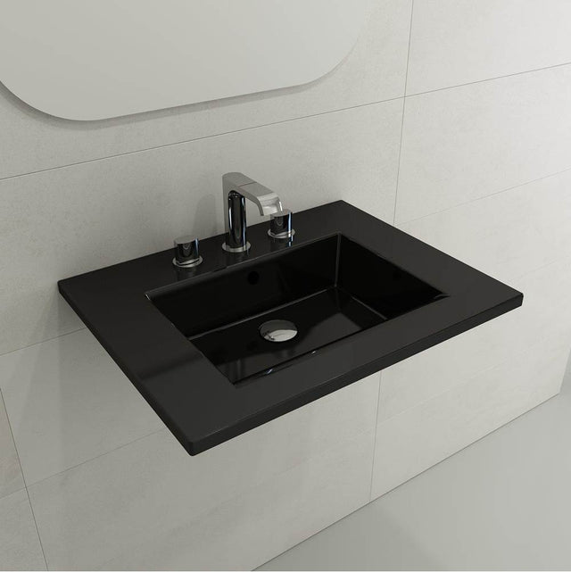 BOCCHI - Ravenna Wall-Mounted Sink Fireclay 24.5 in. 3-Hole with Overflow in Black - Black