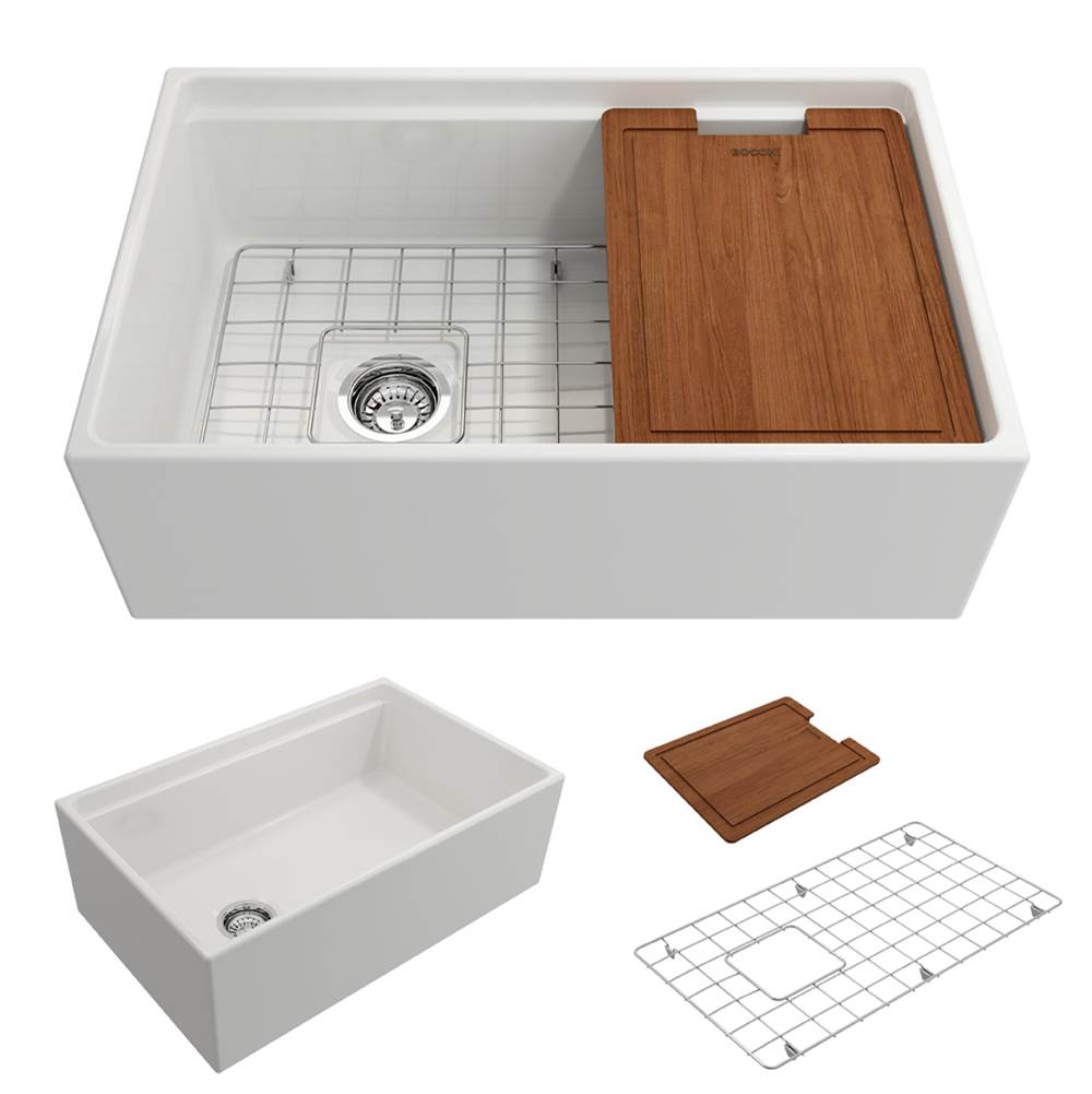 BOCCHI - Contempo Step-Rim Apron Front Fireclay 30 in. Single Bowl Kitchen Sink with Integrated Work Station & Accessories in White - White