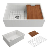 BOCCHI - Contempo Step-Rim Apron Front Fireclay 30 in. Single Bowl Kitchen Sink with Integrated Work Station & Accessories in White - White