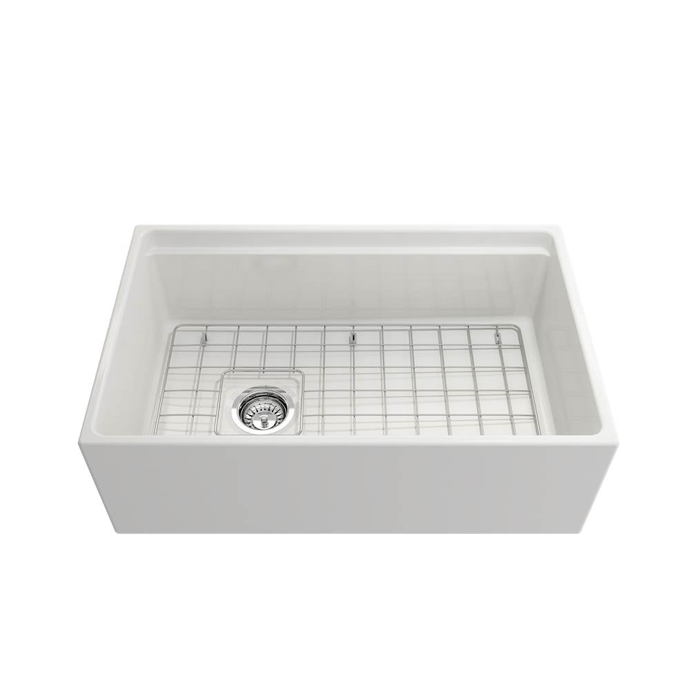 Contempo Step-Rim Apron Front Fireclay 30 in. Single Bowl Kitchen Sink with Integrated Work Station & Accessories in White