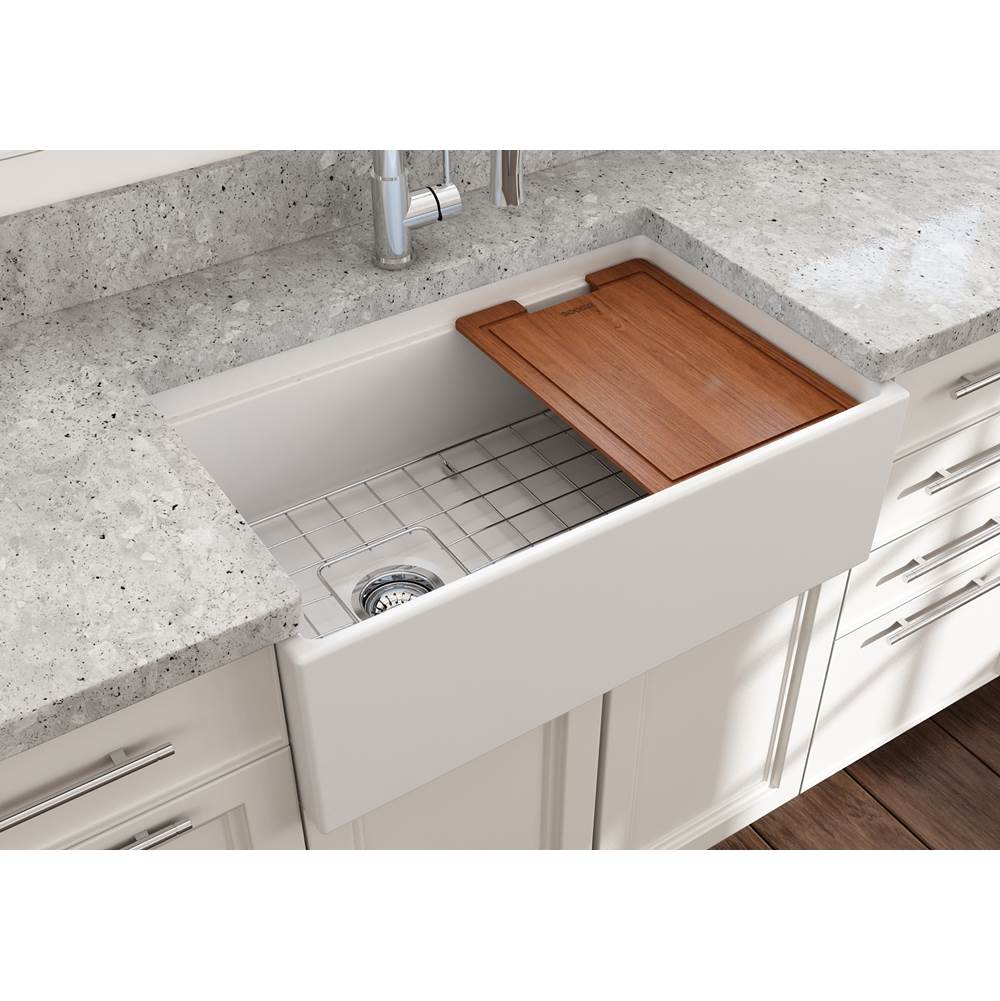 Contempo Step-Rim Apron Front Fireclay 30 in. Single Bowl Kitchen Sink with Integrated Work Station & Accessories in White