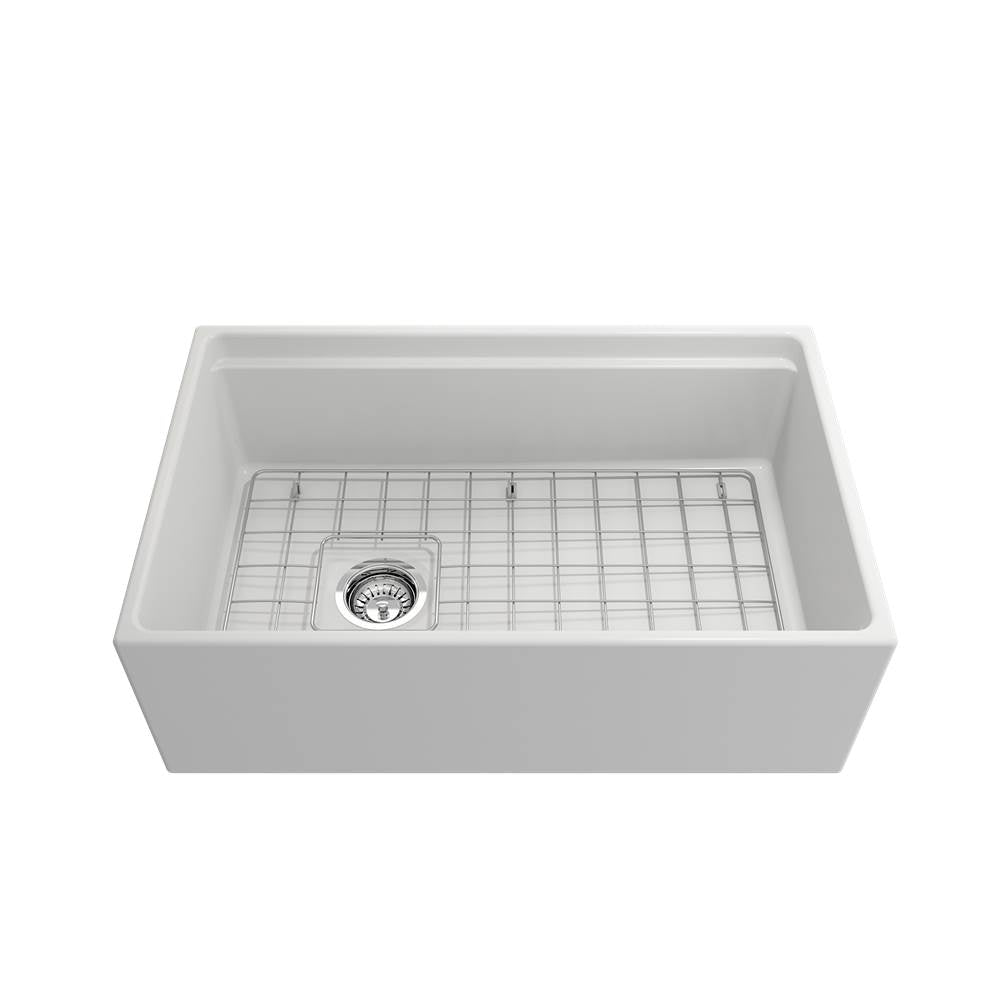 Contempo Step-Rim Apron Front Fireclay 30 in. Single Bowl Kitchen Sink with Integrated Work Station & Accessories in White