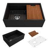 BOCCHI - Contempo Step-Rim Apron Front Fireclay 30 in. Single Bowl Kitchen Sink with Integrated Work Station & Accessories in Matte Black - Matte Black