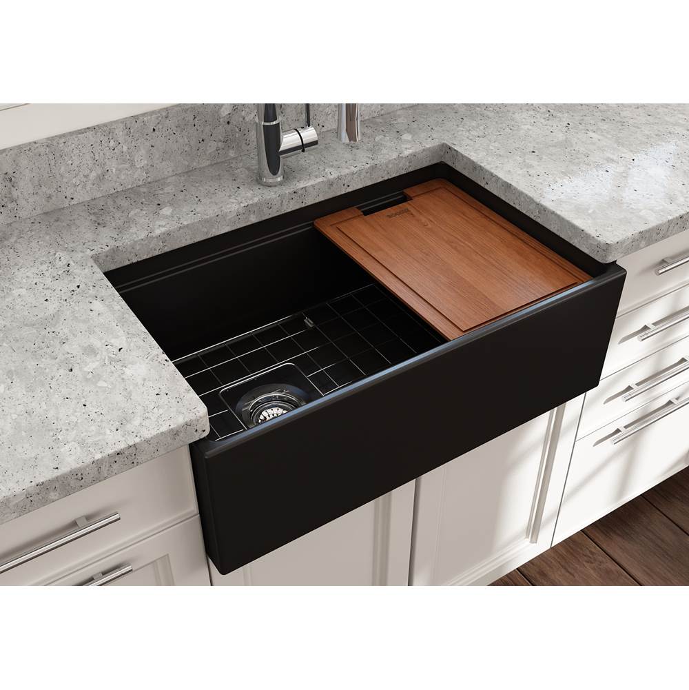 Contempo Step-Rim Apron Front Fireclay 30 in. Single Bowl Kitchen Sink with Integrated Work Station & Accessories in White