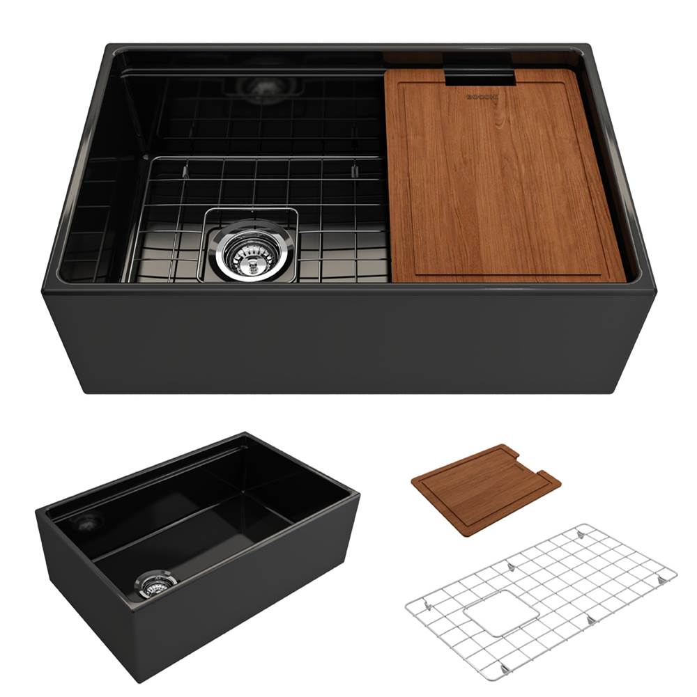 BOCCHI - Contempo Step-Rim Apron Front Fireclay 30 in. Single Bowl Kitchen Sink with Integrated Work Station & Accessories in Black - Black
